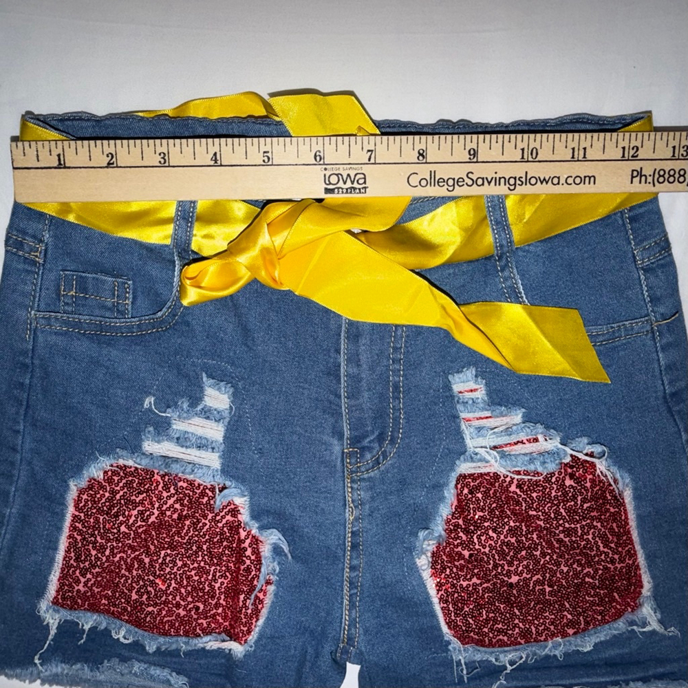Girls L Distressed Sequin Denim Shorts Yellow Ribbon Belt Adjustable Waist Bling - Picture 3 of 6